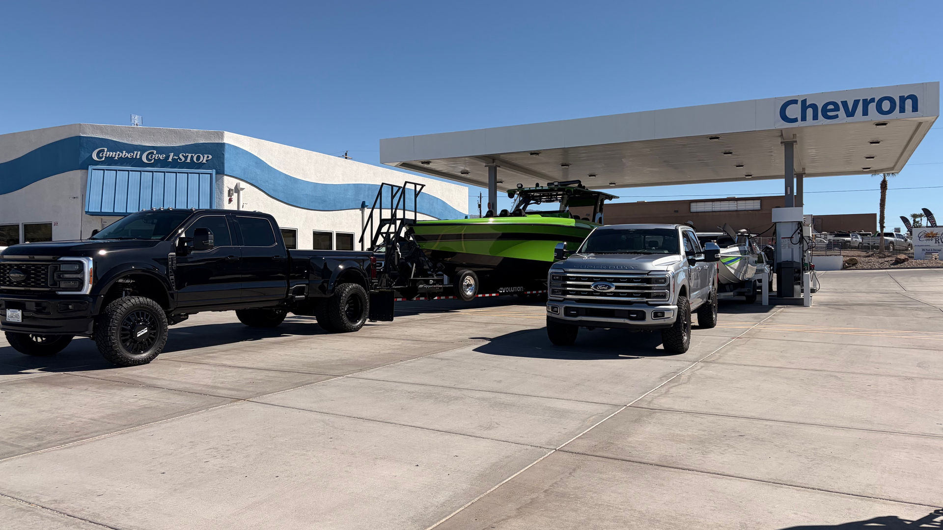 Campbell Cove 1-Stop storefront with Chevron fuel canopy